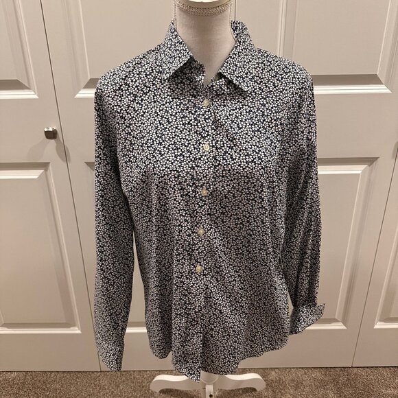 Lands' End Size 14 No Iron Pinpoint Oxford long-sleeve shirt, blue white floral - Picture 1 of 4